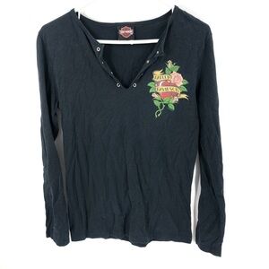 Harley Davidson Shirt Womens Large Tattoo Heart Rose Biker Smokey Mountains TN